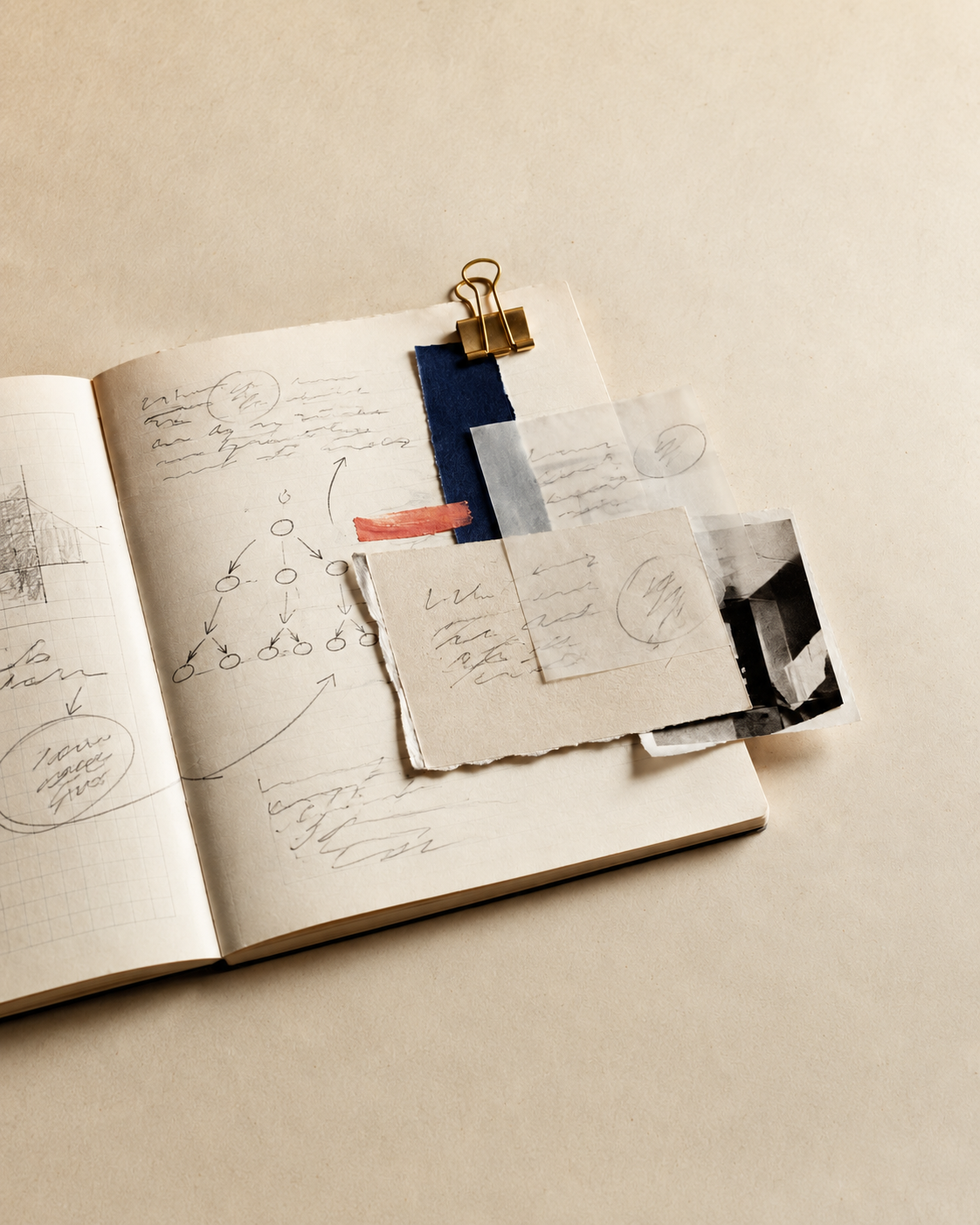 Aufgeschlagenes Notizbuch mit handschriftlichen Skizzen und Diagrammen, umgeben von farbigen Papierfragmenten und einer goldenen Klammer
